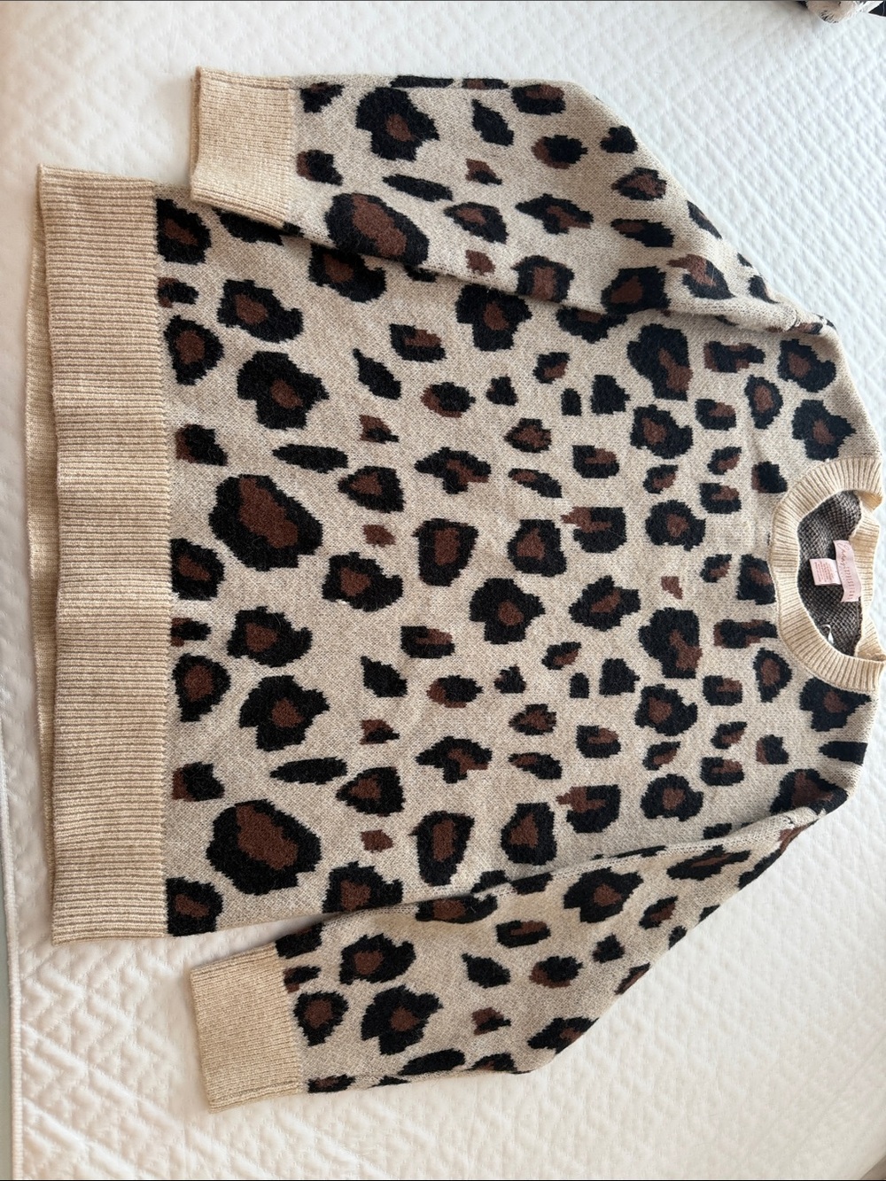 Expressions Beige Leopard Print Crewneck Sweater with Brown and Black Spots